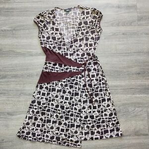 BCX Geometric Print Short Sleeve Brown & Beige Wrap Dress Women's Size Large